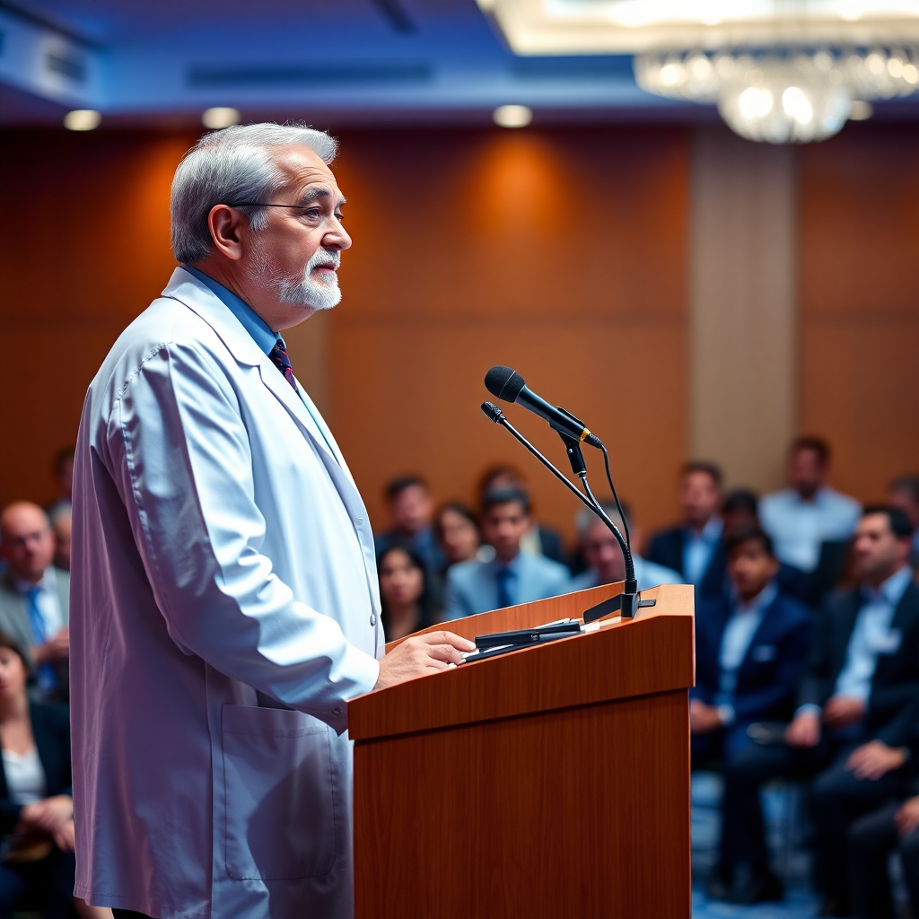 senior doctor giving a keynote speech at a medical conference, podium, microphone, attentive audience in background, professional lighting