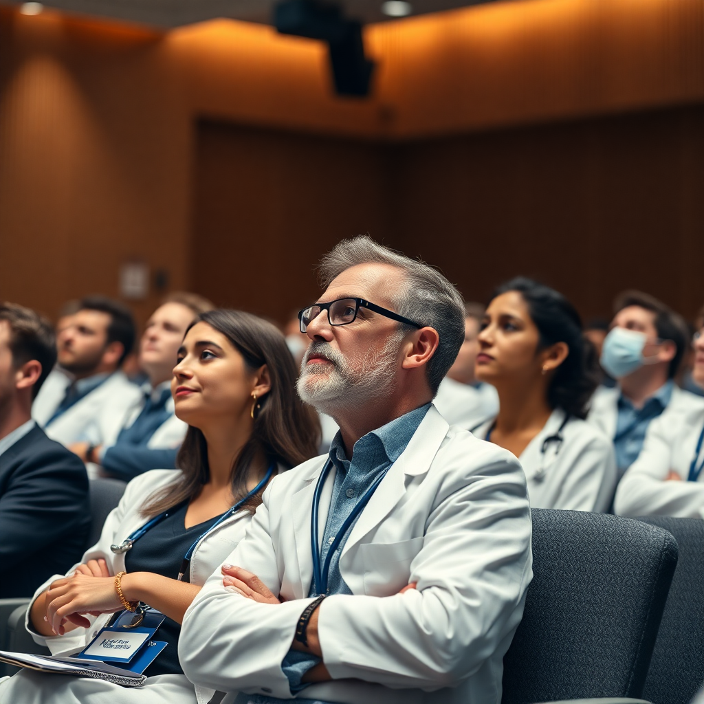 professional medical conference audience listening intently in a modern lecture hall, high quality, photorealistic, cinematic lighting, depth of field