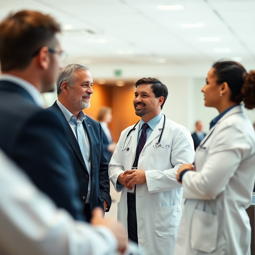 doctors talking in a bright modern conference hall professional attire blurred background minimal style